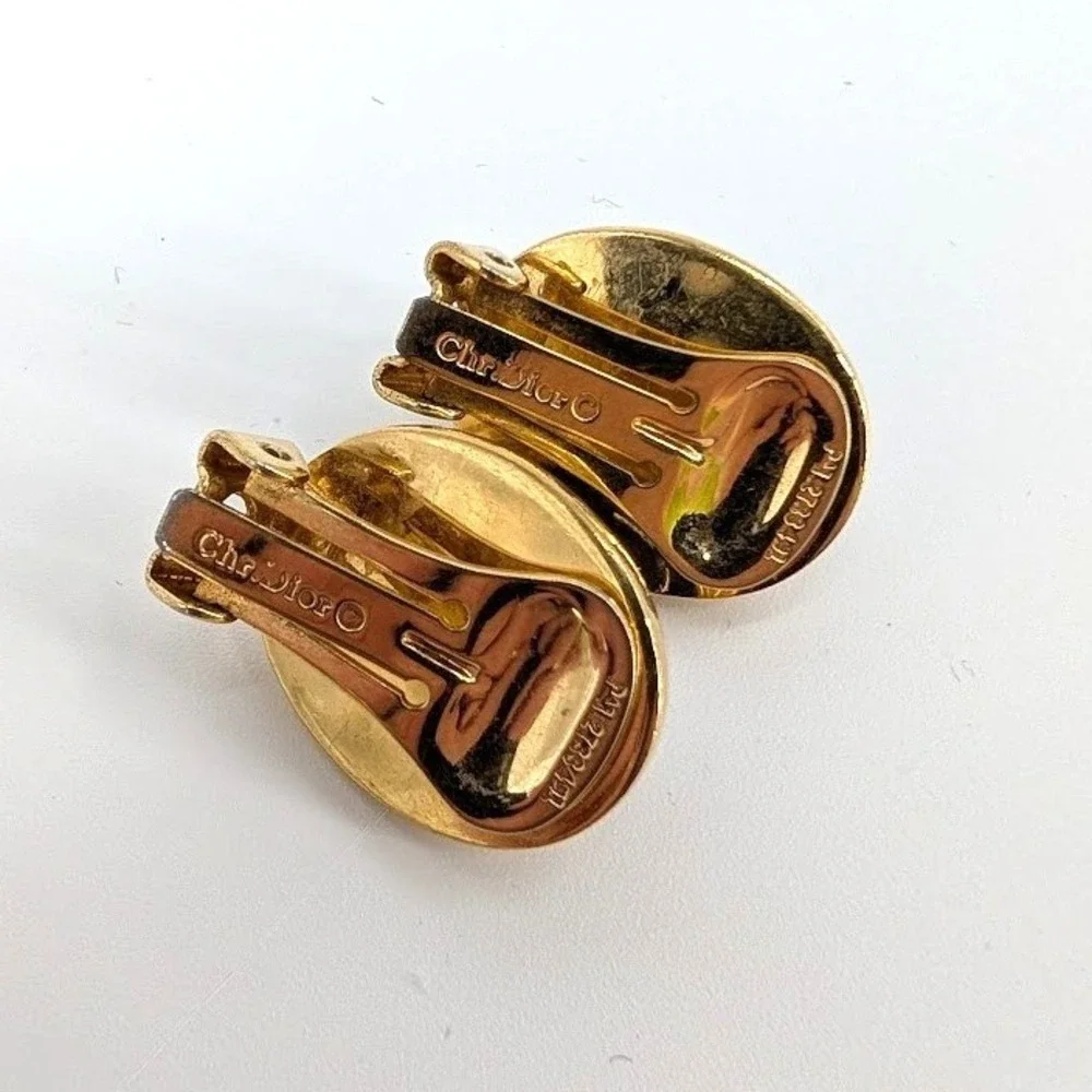 Vintage Christian Dior Black Cabochon Clip Earrings Gold Tone Oval 1980s‎ Signed - Picture 7 of 8
